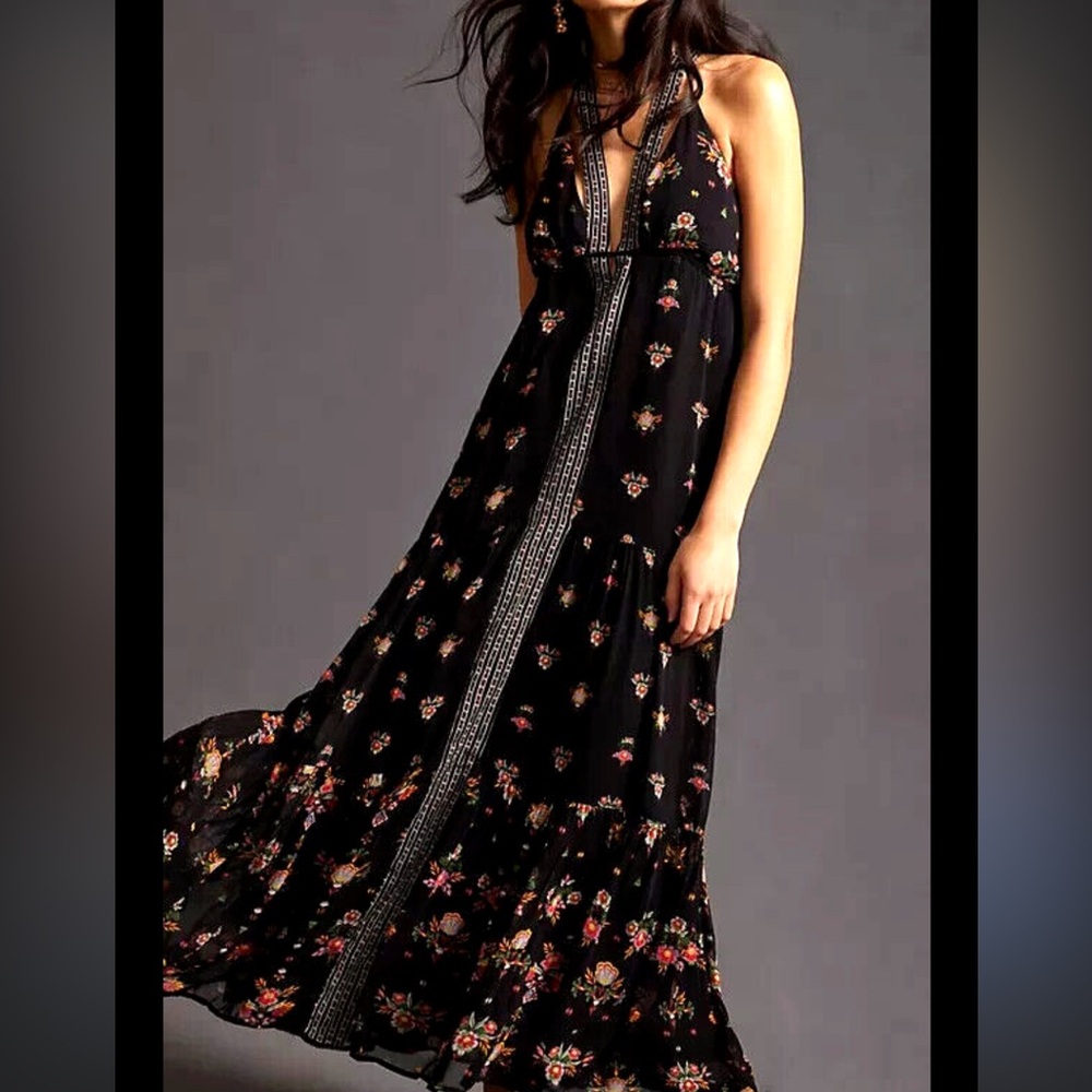 Anthropologie Maxi Dress XS Black Floral Boho Tiered Ruffle Resort wear Fairy